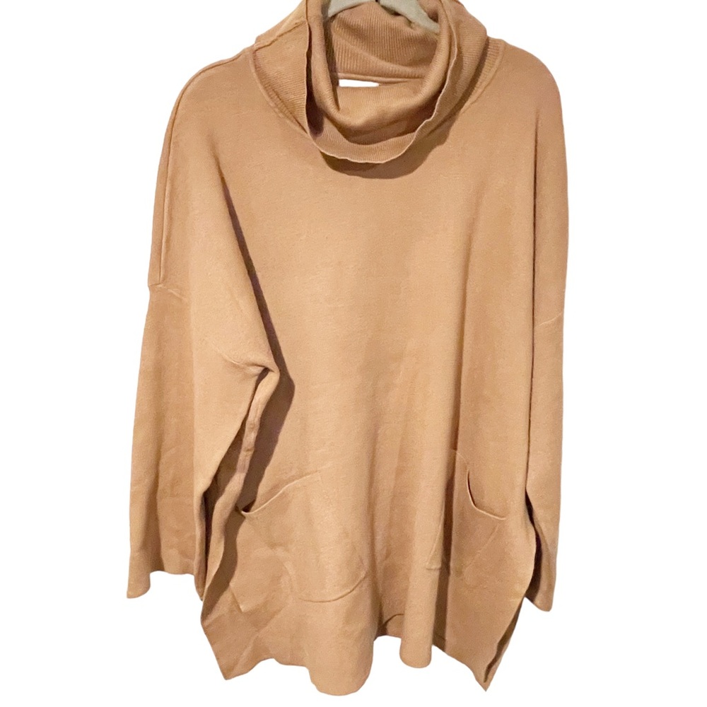 RAYA‎ Medium Camel Tan Lagenlook Boxy Cowl Neck Long Length Knit Pocket Sweater